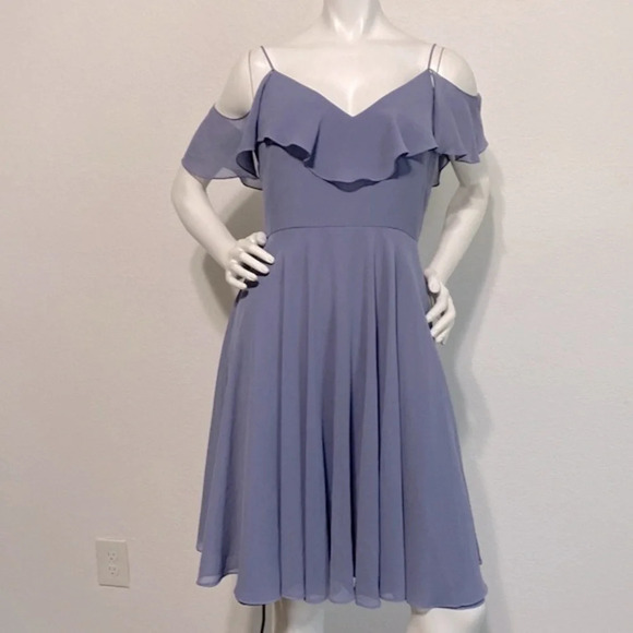 Jenny Yoo Dusty Periwinkle Blue Mini Off-the-Shoulder Bridesmaid Dress Size 6 - Picture 2 of 8